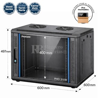 Armario Rack 9U 600x600 mm | Mural Phasak Pro PHO 3109